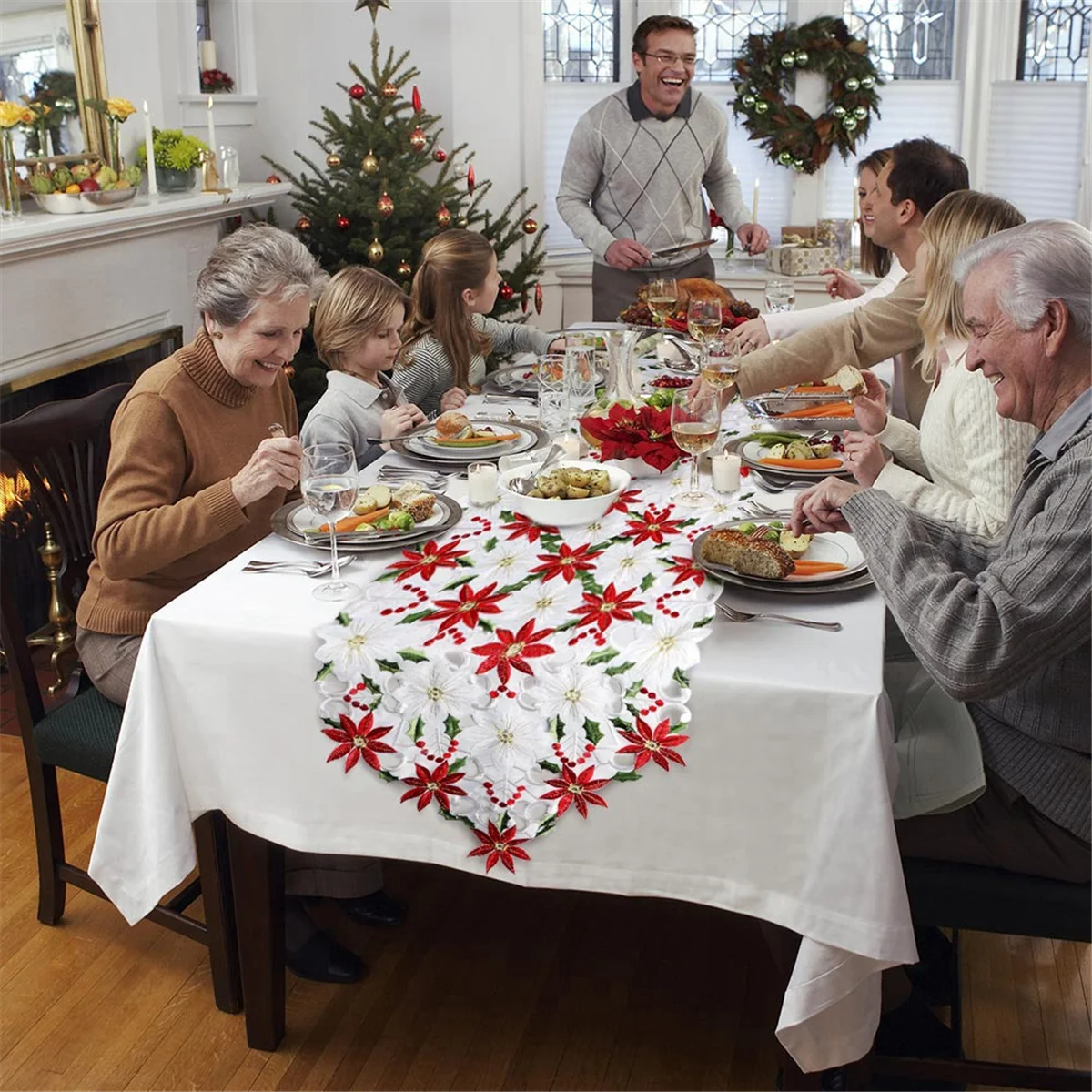 Christmas Table Runner, Poinsettia Holly Leaf Embroidered Table Linens for Christmas Decorations 15 X 53