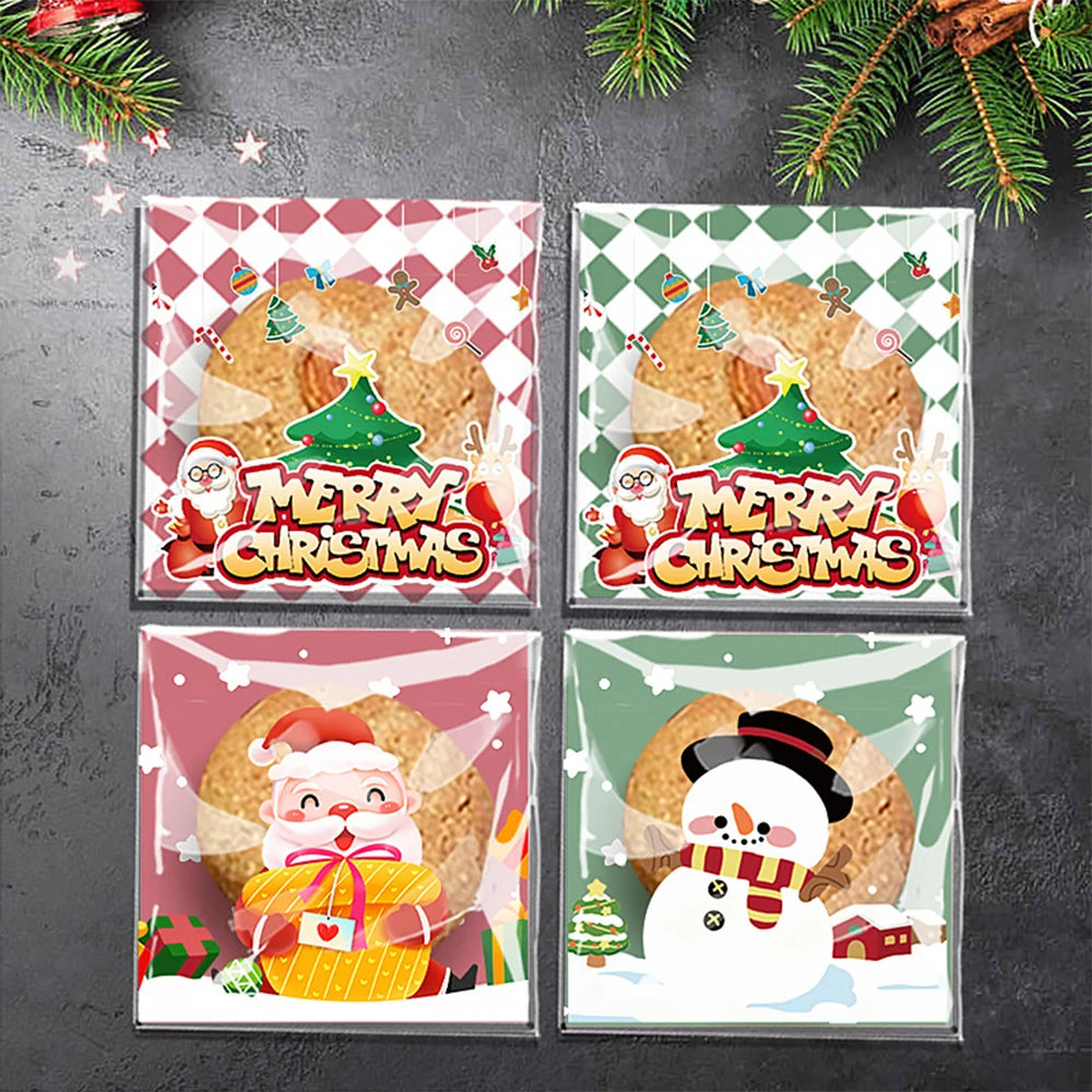 100pcs Christmas Plastic Cellophane Bags Xmas Cookies Packing Bags Christmas Candy Bags Noel Navidad 2024 Party Favors Gift Bag