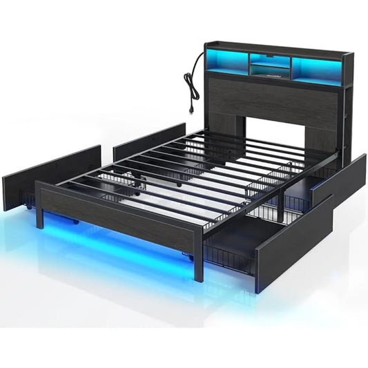 Twin Bed Frame with Storage Headboard, Metal Platform Bed with Charging Station, LED Bed Frame with 4 Drawers, Bookcase Storage