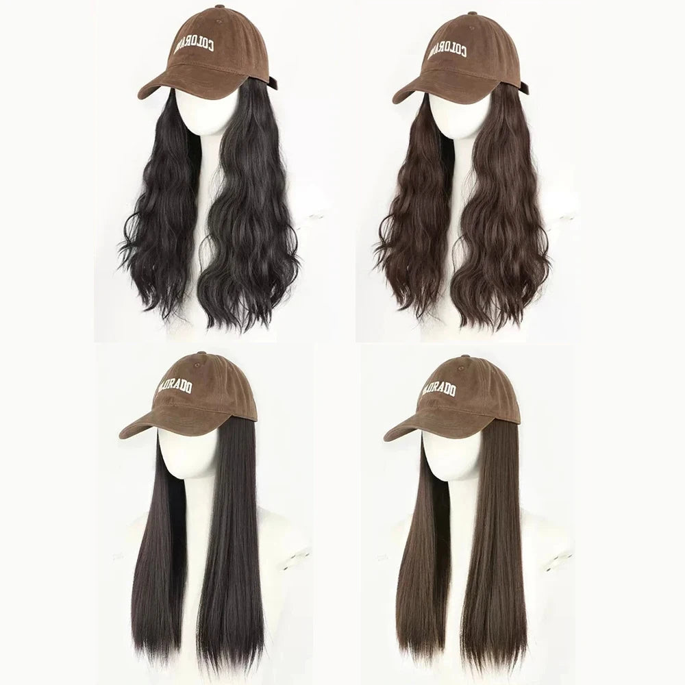 ALXNAN HAIR Synthetic Hat Wig Women's Long Hair Full Head Set Fashion Autumn/Winter Lamb Hair Baseball Hat WavyHair Wig Hat