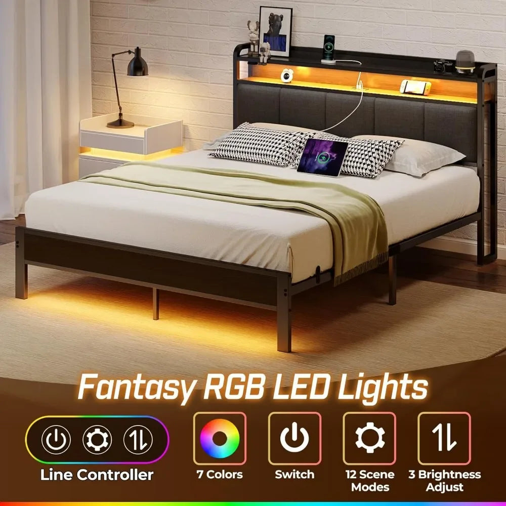 Queen Bed Frame with LED Lights, Upholstered Headboard, Charging Station, Storage Shelves, Heavy Duty Metal Slats bedstead