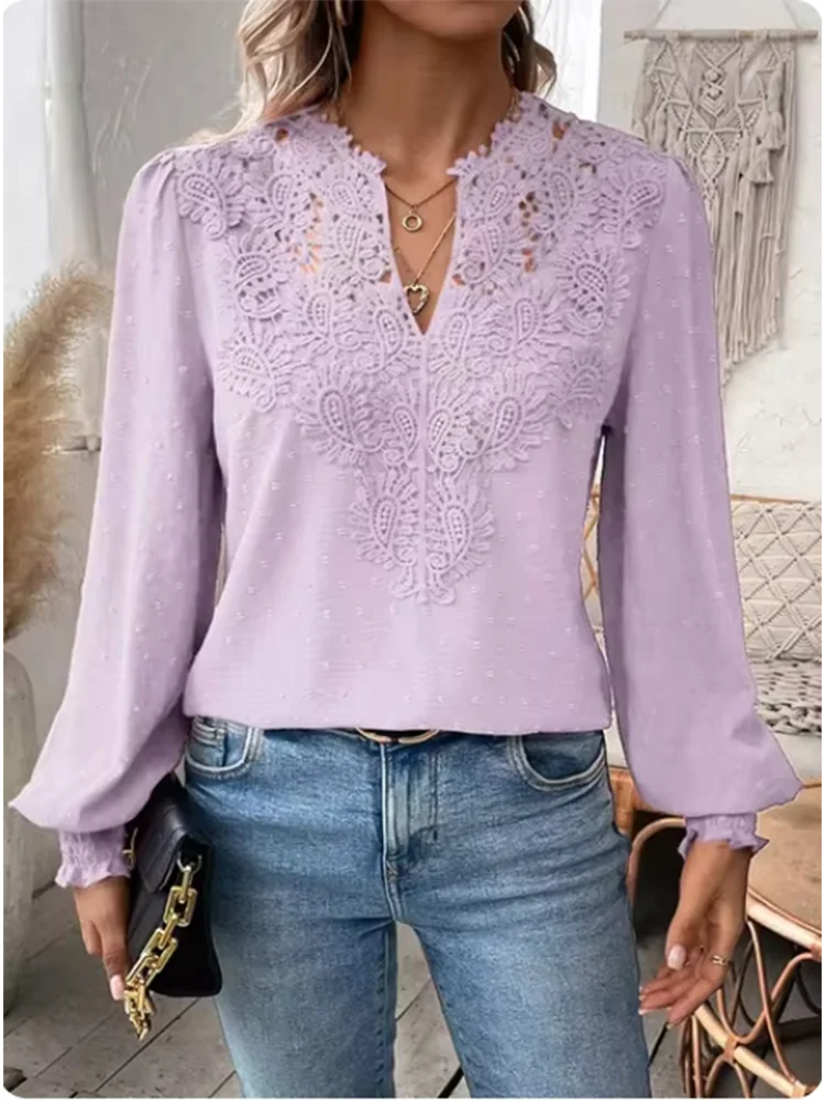 Luxury Solid Color V-Neck Long Sleeved Lace Top Women's Hollow T-Shirt Lady Elegant Office Autumn Spring Blouse Clothes