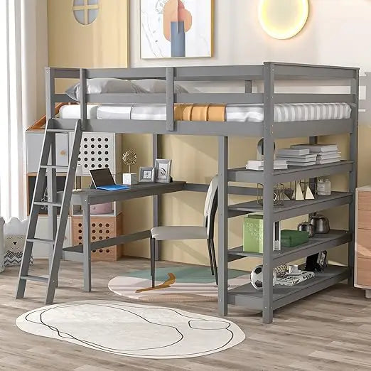 Full Size Loft Bed with Desk,Guardrail and Ladder, High Loft Beds with Desk and Bookcase, Wood Loft Bed Frame