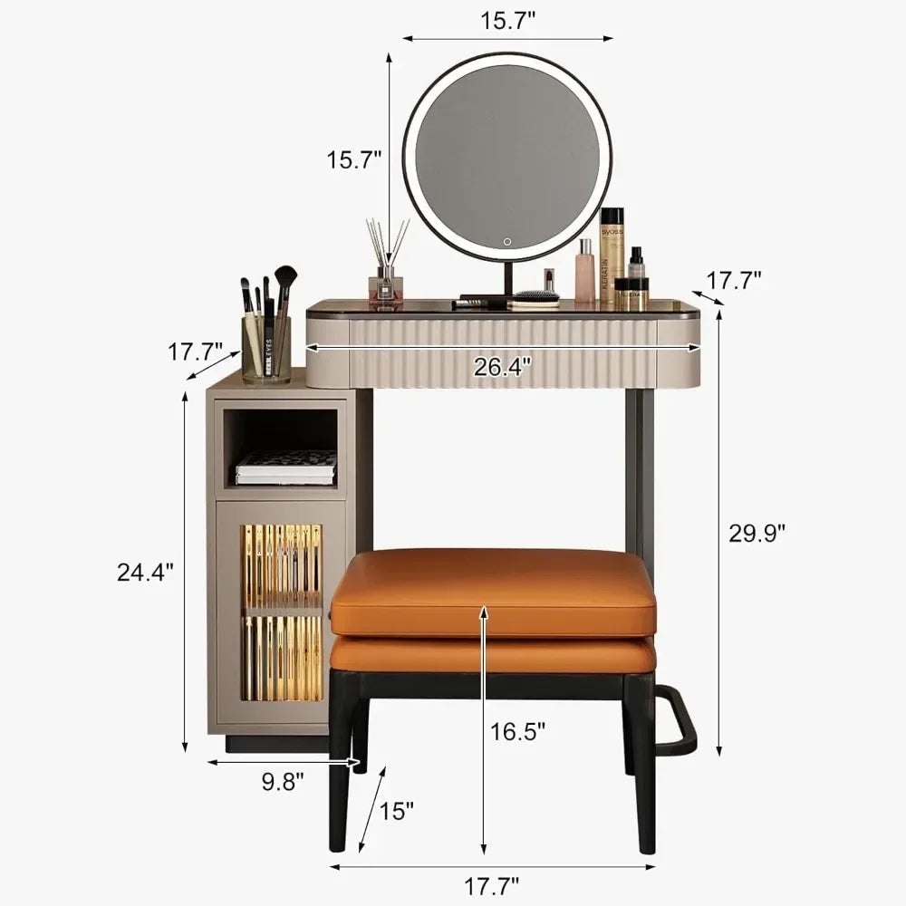 Vanity Makeup Table Small Dresser Desk Mirror with Led Lights Side Cabinet & Shelves Vintage Vanity Chair Stool 4 Drawers