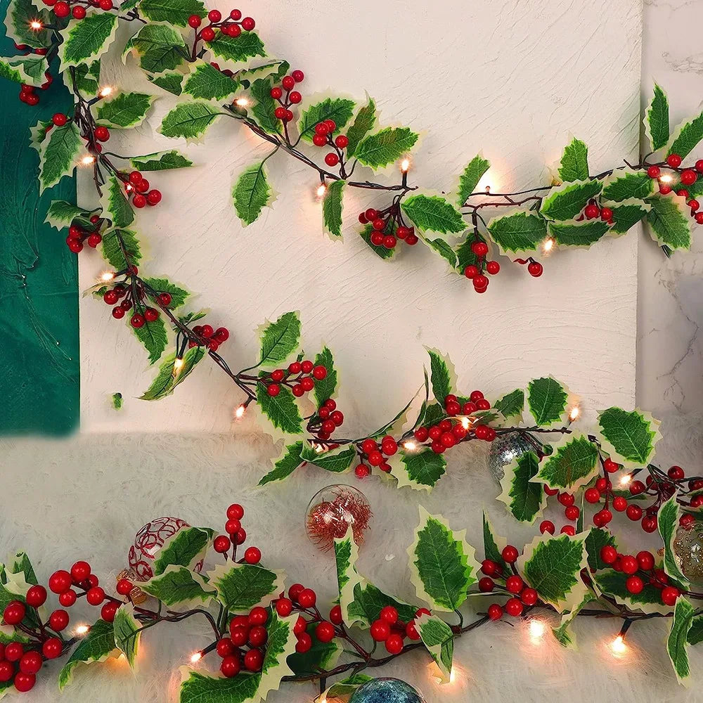 2M Christmas Artificial Holly Leaves Vine Garland Lighting String Xmas Tree Rattan Wreath For DIY Xmas Party Decoration Supplies