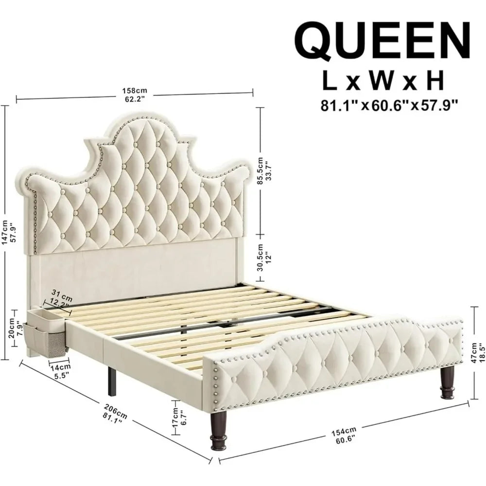 Queen Size LED Bed Frame,Queen with 58"Tall Tufted Headboard,Sturdy and Noiseless,Cream Bed Frame,sturdy durable materials