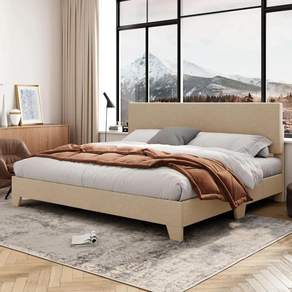 King Size Bed Frame with Adjustable Headboard, Upholstered Platform Bed with Wood Slats, Heavy Duty Mattress Foundation