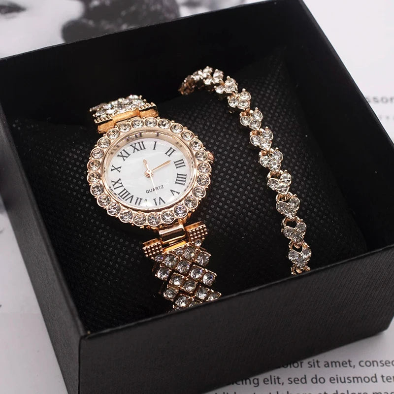 2pcs/set Luxury Female Brand Diamonds Watch Bracelet Women's Crystal Quartz Watches Ladies Dial Steel Wristwatch Trendy Clock