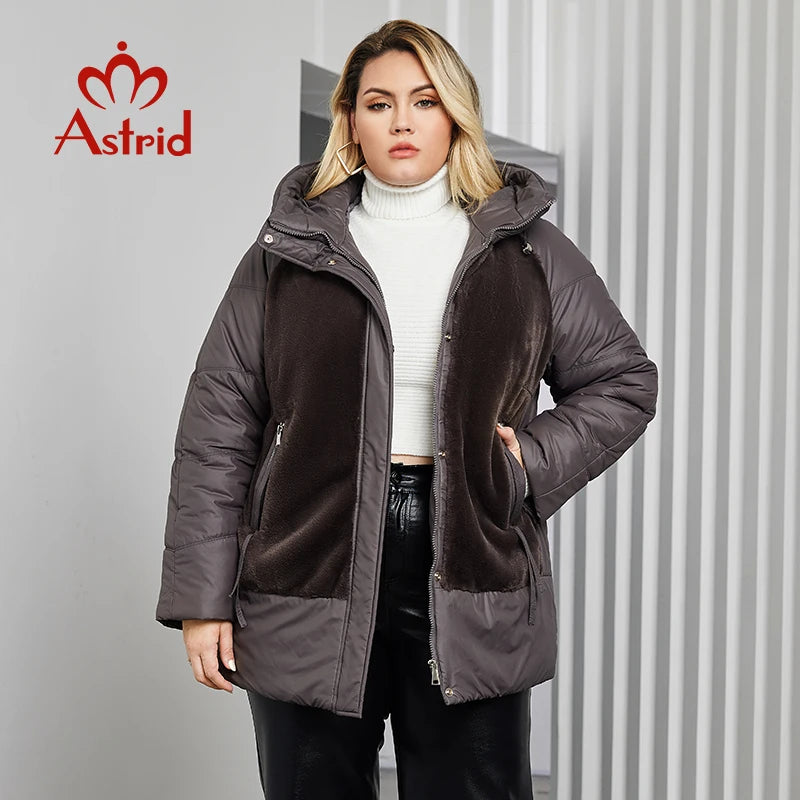 Astrid Plus Size Winter Jacket Women Faux Fur Stitching High Quality Wool Warm Fashion Women's Parka Female Plush Coat Hooded