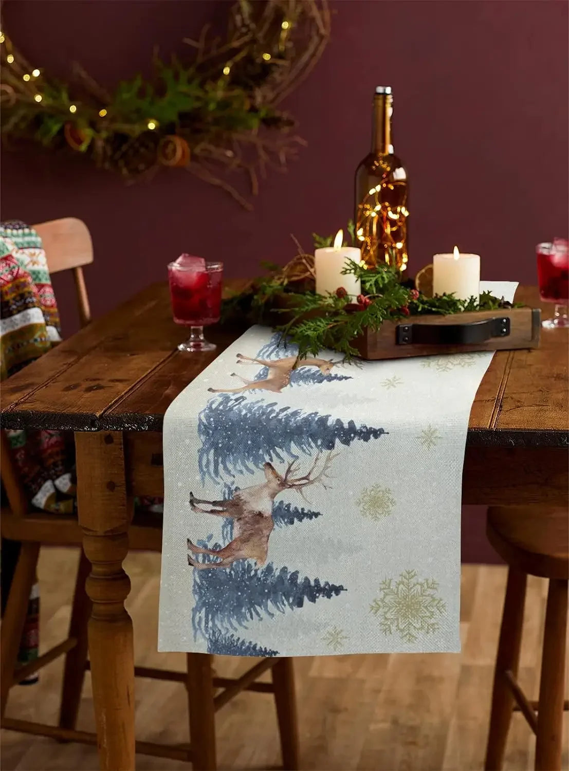 Christmas Reindeer Xmas Tree Linen Table Runners Dresser Scarves Table Decor Washable Dining Table Runners Christmas Decorations