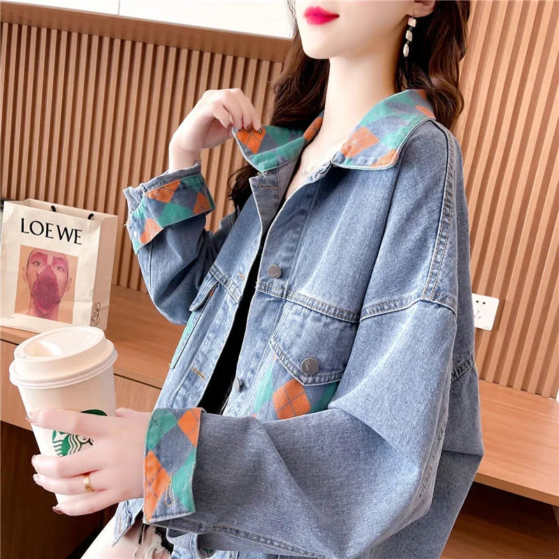 Women's Denim Jackets Outerwears Blue Graphic Female Jeans Coat with Print Spring Autumn Long Trench Mix Color New in On Sale