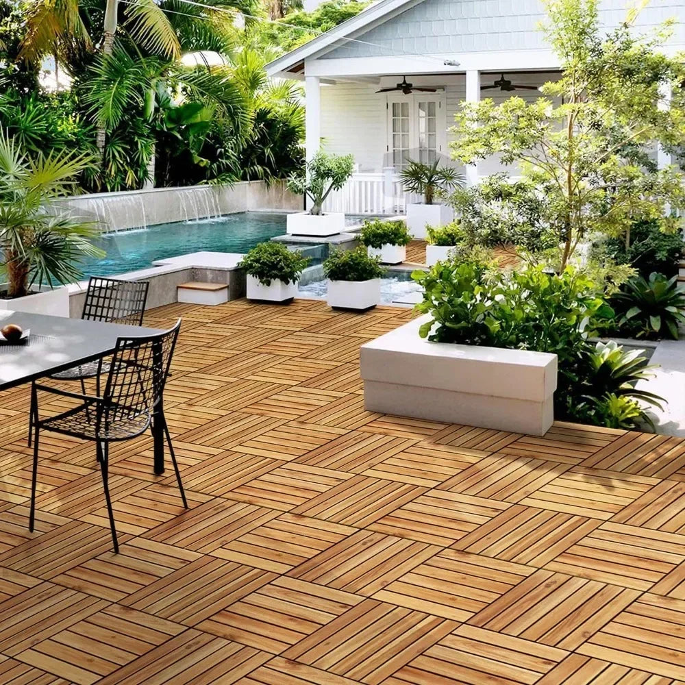 Garden flooring, 10PCS Acacia wood interlocking flooring for outdoor and indoor waterproofing, 12 x 12 inches, garden flooring