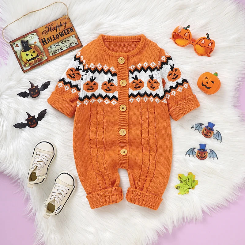 Halloween Infant Baby Boys Girls Rompers Long Sleeve Single-Breasted Newborn Knit Jumpsuits Outfits Winter Toddler Overall 0-18m