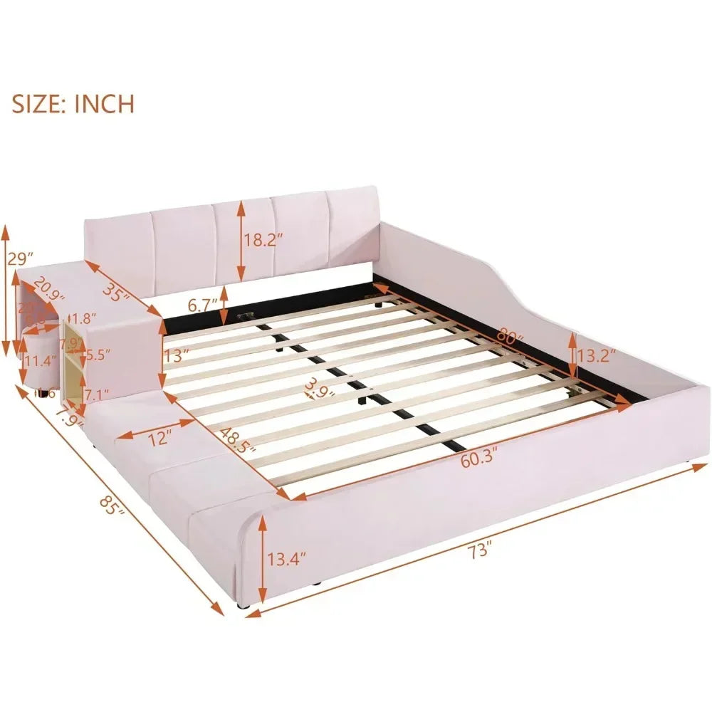 Upholstered Grounded Bed Platform Bed,with Bedside Desk and Little Round Stool Wooden Queen Size Mother & Child Bed Frame