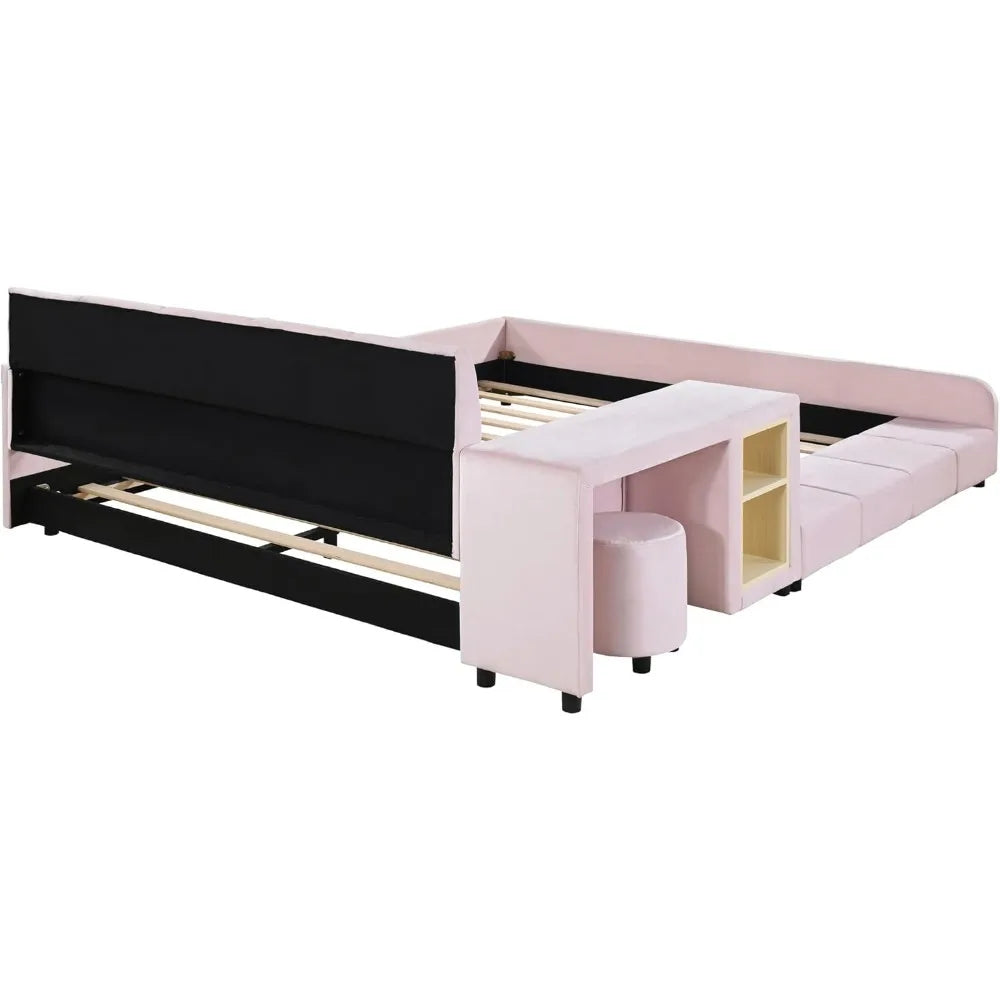 Velvet Upholstered Grounded Platform Bed,Wooden Queen Size Mother & Child FrameKids Furniture Floor Platform Bed