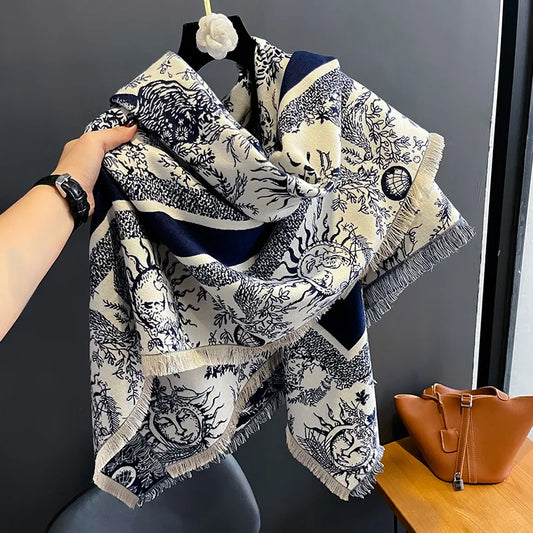 2024 New  Pattern Thick Winter Women's Imitation Cashmere Shawl Warm Scarf Versatile Bouvandas Scarf