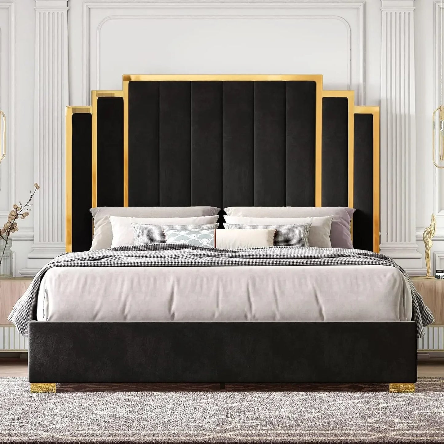 Queen Size Bed Frame and 61" Headboard, Upholstered Bed with Golden Plating Trim, Modern Platform Bed Suitable for bedroom