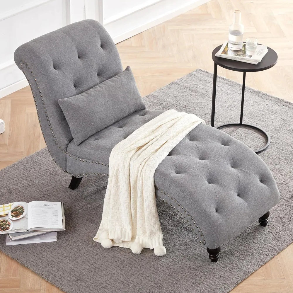 Tufted Soft Chaise Lounge Chair for Bedroom, Linen Rivets Chaise Lounge Indoor, Armless Upholstered Chaise Couch Chair