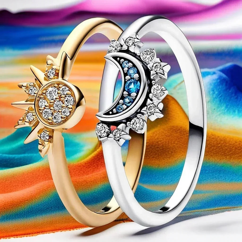 Sommer Himmlischer blauer funkelnder Mond-Sonnenring für Frauen Cocktail stapelbares Fingerband Mode Silber 925 Feiner Schmuck Kristall