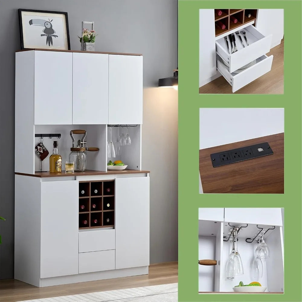 Modern Farmhouse Wine Coffee Bar Cabinet,69 Inch Tall Kitchen Pantry Cabinet Sideboard Buffet Storage Cabinet for Dining Room