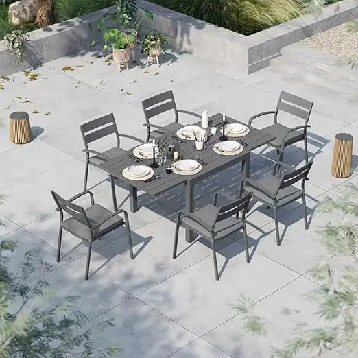 7-Piece Outdoor Patio Dining Set, 6 Stackable Chairs with Gray Removable Cushions, Aluminum Expandable Outdoor Dining Table Set