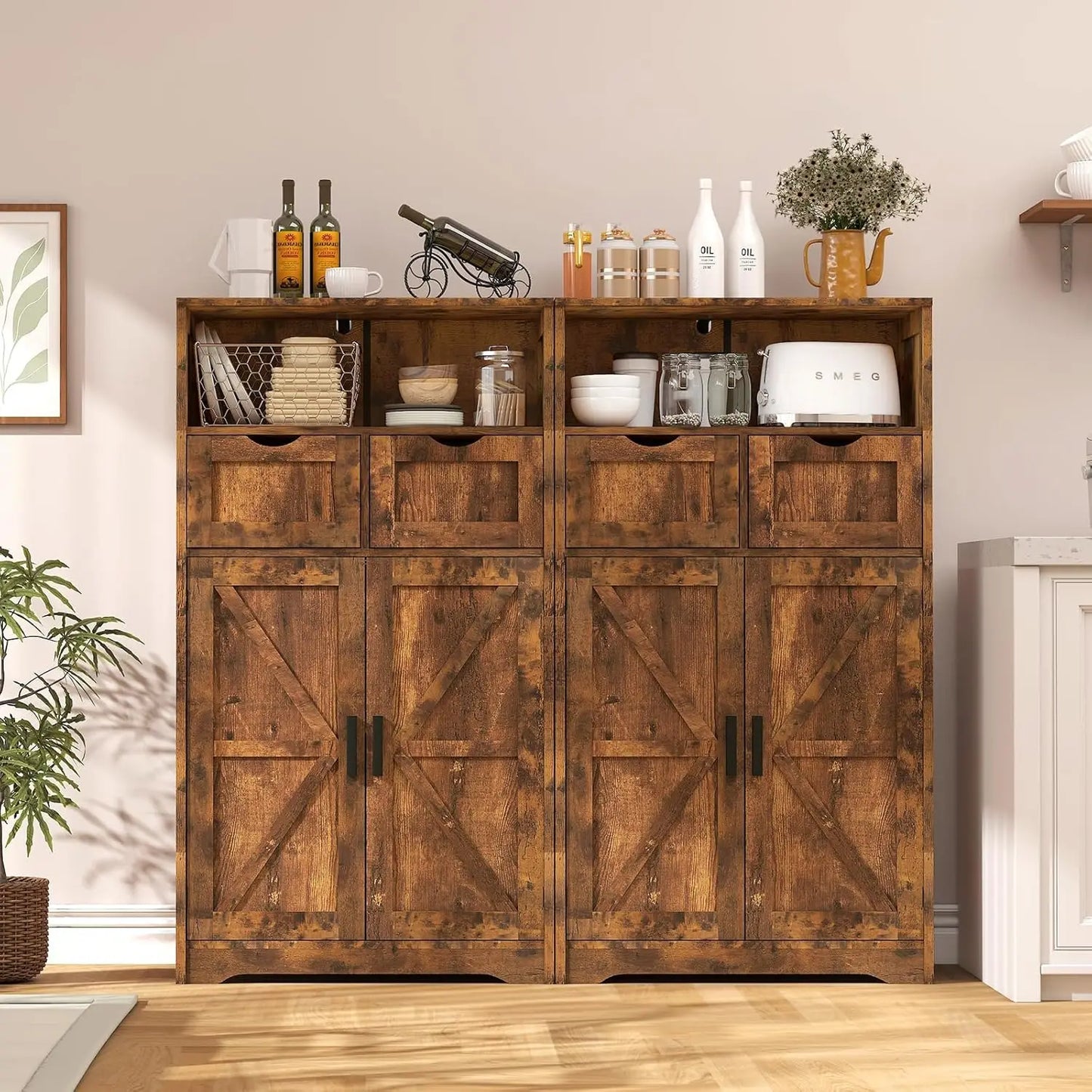 Cabinet with 2 Adjustable Drawers & 2 Barn Doors, Floor Cabinet, Freestanding Cupboard with Adjustable Shelf, for Living Room