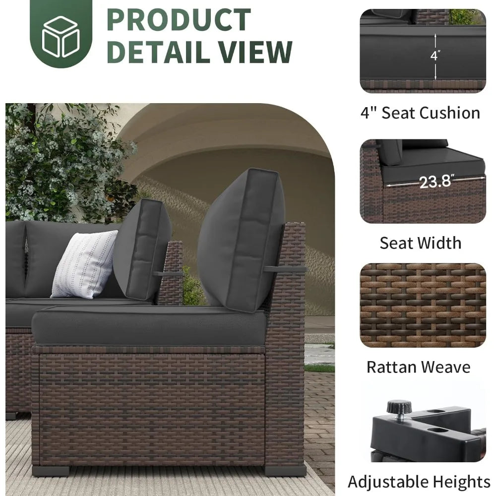 Outdoor Rattan Sofa Set, with Slanted Back, Patio Couch with Glass Coffee Table for Backyard ,7 Pieces Patio Furniture Sets