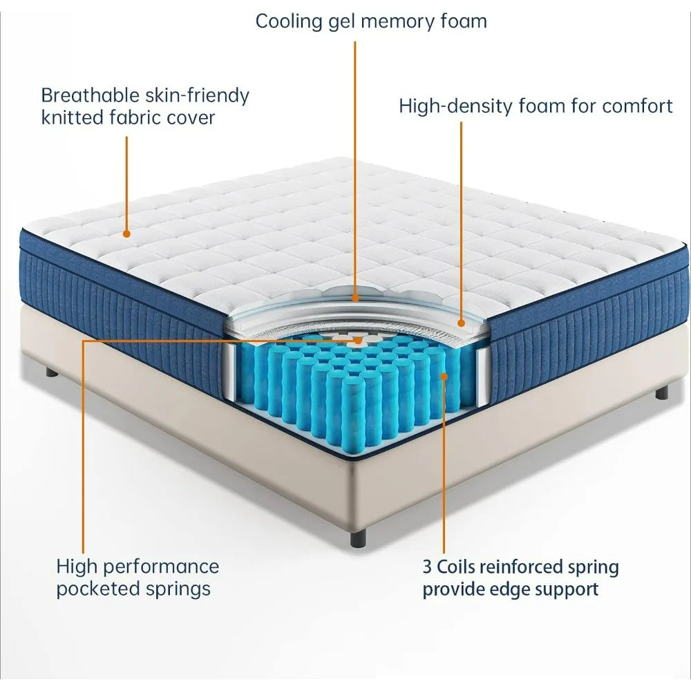 Medium Firm Mattress, Hybrid Mattress in a Box, Motion Isolation Mattress with Gel Memory Foam & Pocket Spring, Edge Support