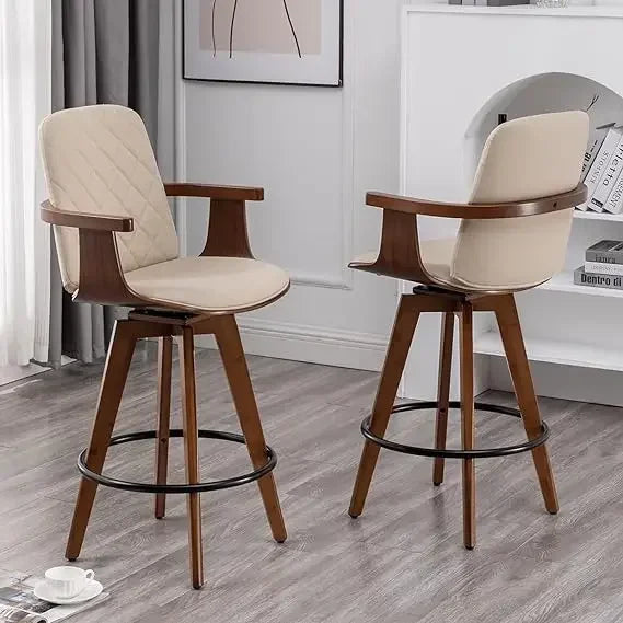 Bars Chairs, Upholstered Faux Leather Counter Height Bars Stools, Swivel Barstools with Wooden Arms and Legs, Bar Chair Sets