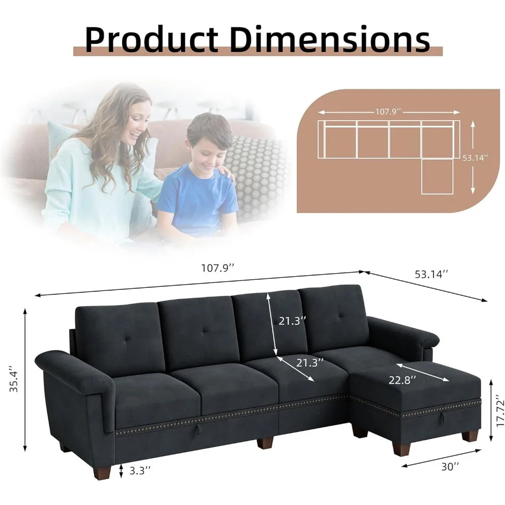 Living Room L Shaped Couch, Couch with Ottoman, Living Room Furniture Sets with Cup Holders, 4-Seat Convertible Sectional Sofa