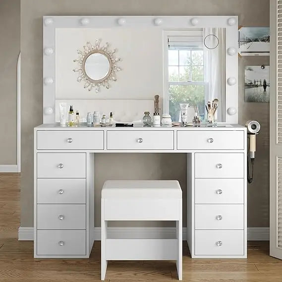 Vanity Desk with Power Outlet, Makeup Tables with Mirror and 13 LED Lights, Dressing Tables with 15 Drawers, Vanity Table