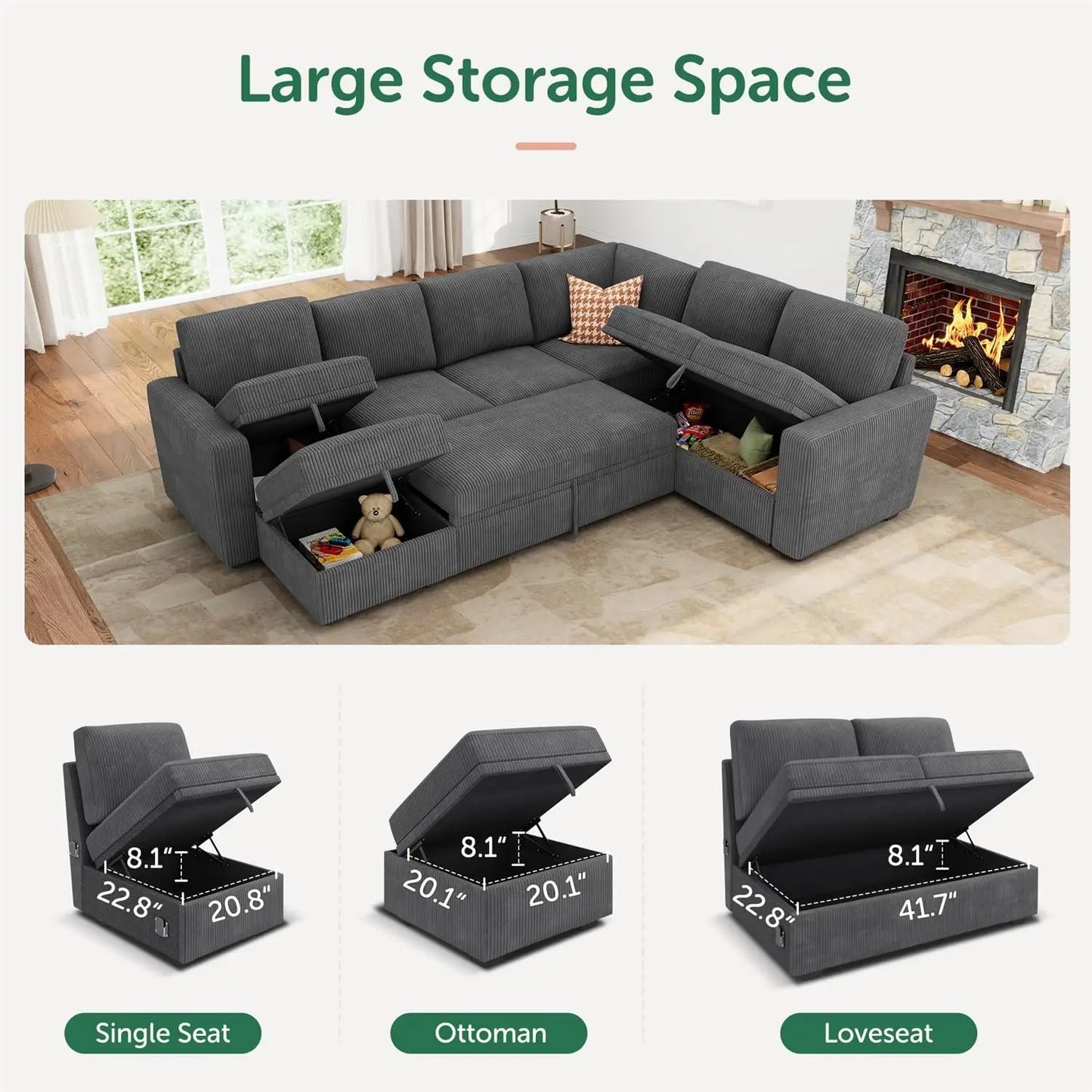 Sectional Couch with Pull Out Bed, Corduroy Sleeper Sofa with Storage Seats Ottoman, U Shaped Sectional Couches for Living Room