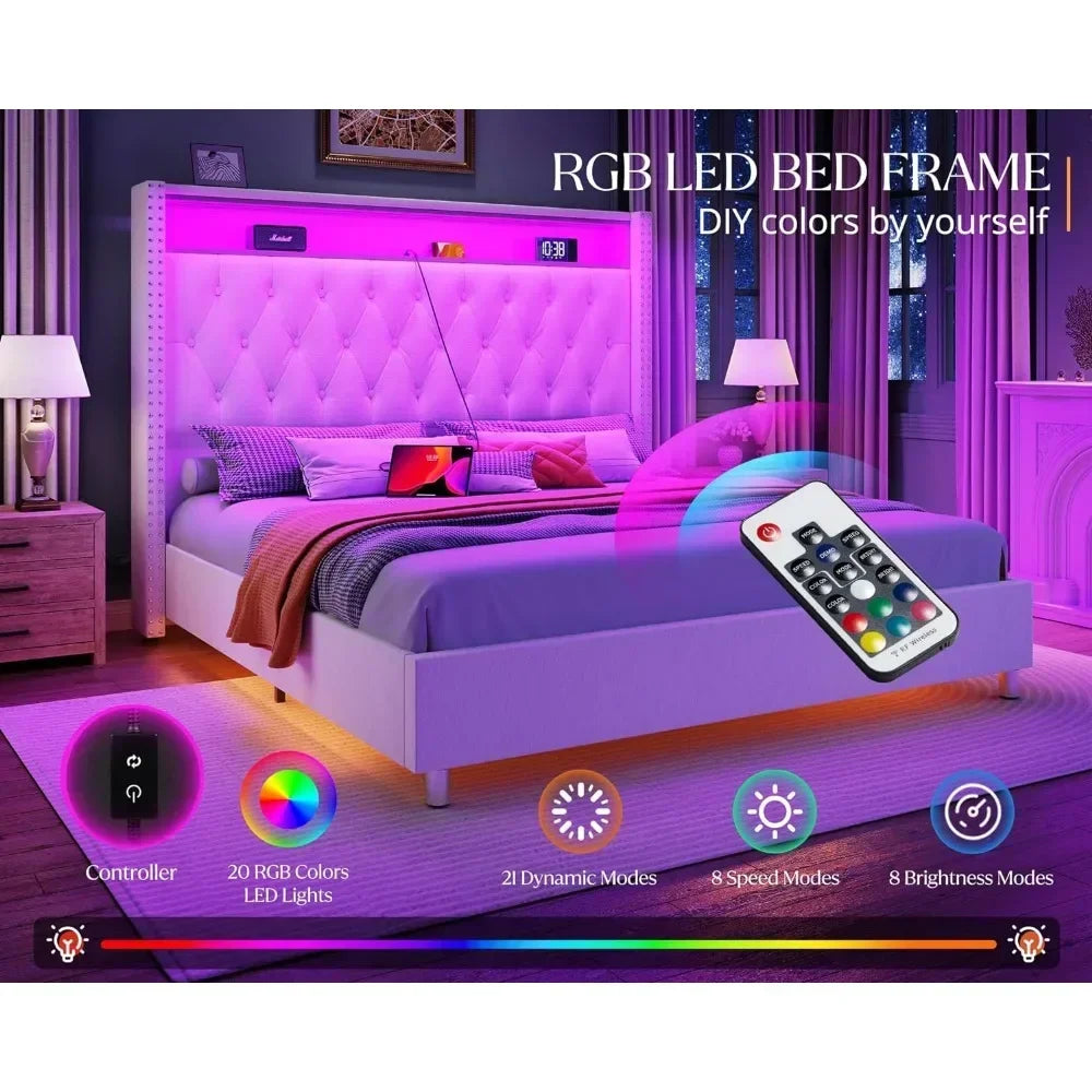 Queen Bed Frame with LED Lights Charging Station with Headboard Motion Night Lights, Velvet Tall Upholstered Platform Bed Frame