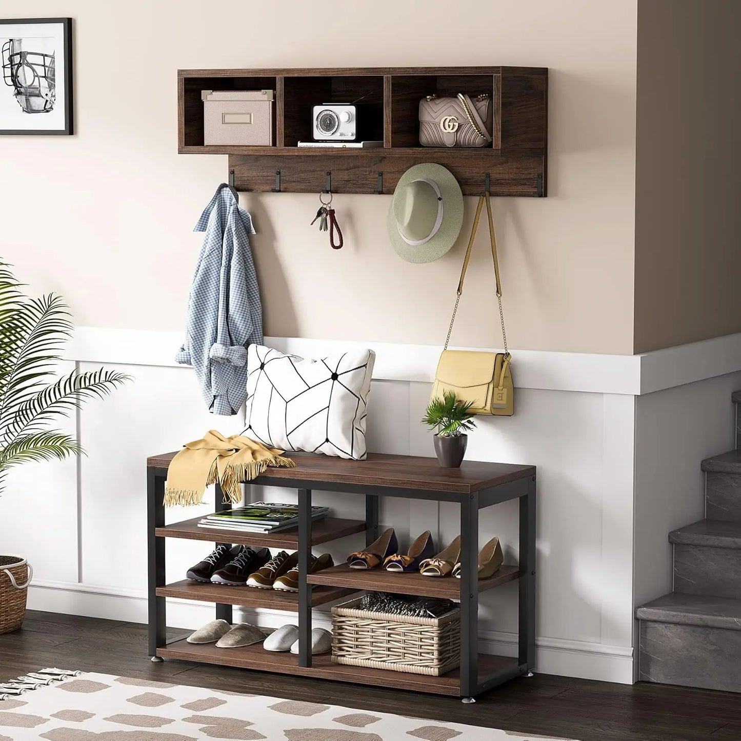 Industrial [Shoe] [Rack] [Bench] with Coat [Rack] Set with Hall Tree, 3 Storage Cubbies, 7 Hooks for Entryway, Hallway