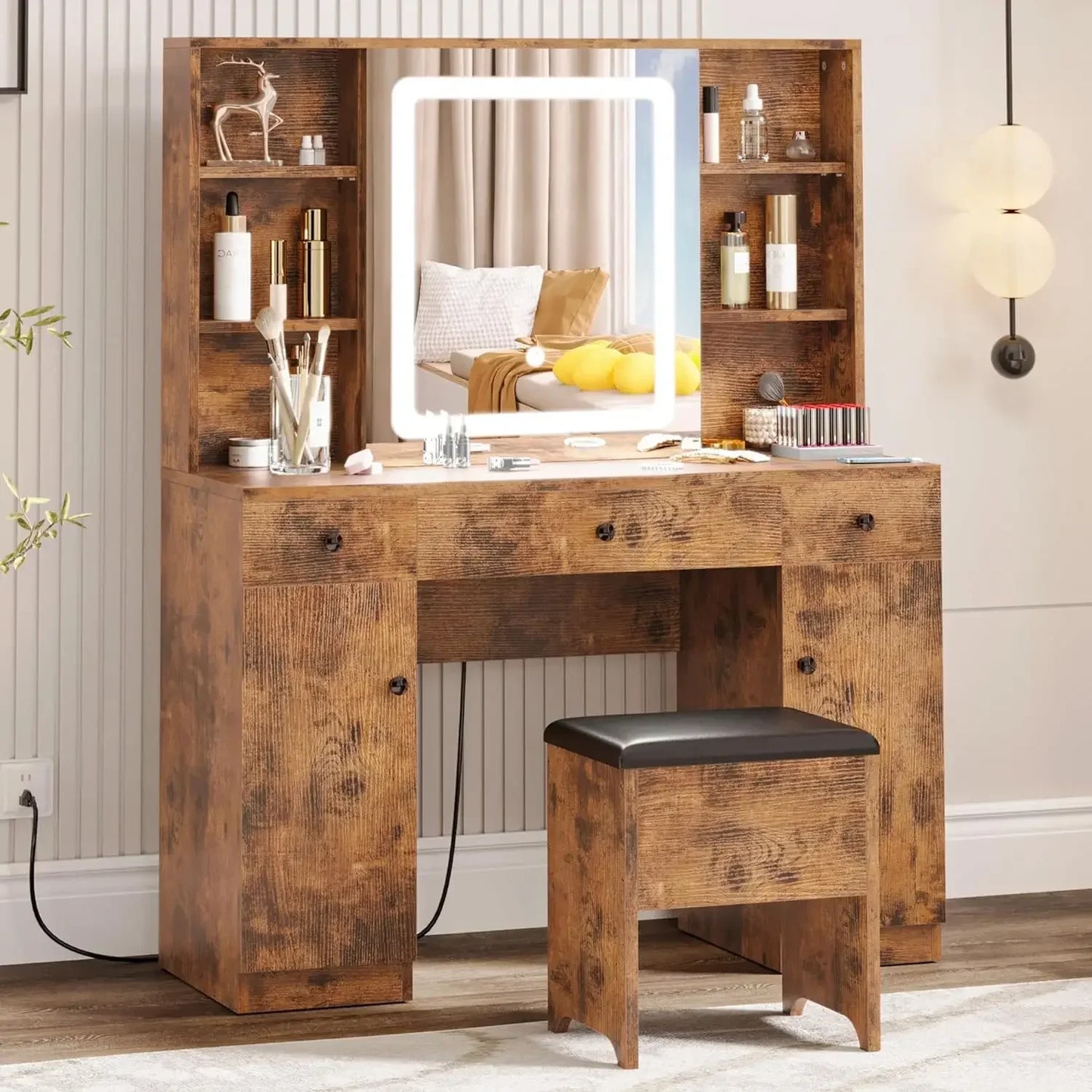 Vanity Desk Set with Large LED Lighted Mirror & Power Outlet, 7 Drawers with Storage Bench, Industrial Style Dressing