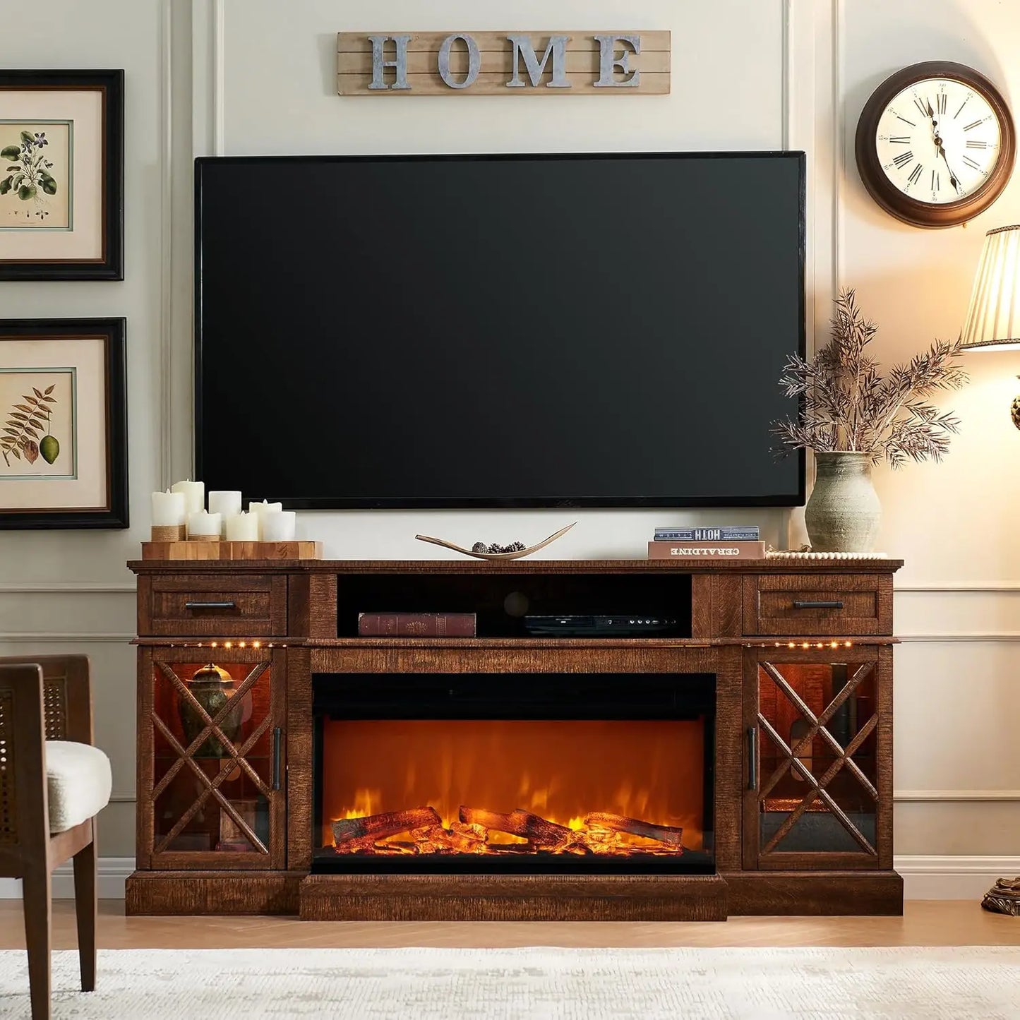 TV Stand, 70'' Entertainment Center Stand with 36" 3-Sided Glass Electric Fireplace, with 2 Drawers & 2 Storage Cabinet