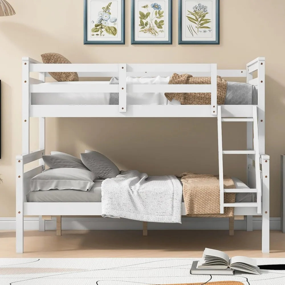 Bunk Bed, with Ladder Safety Guardrail Sturdy Wood Beds Frame Easy Assembly Space-Saving Design for Bedroom, Wood Bunk Bed Frame