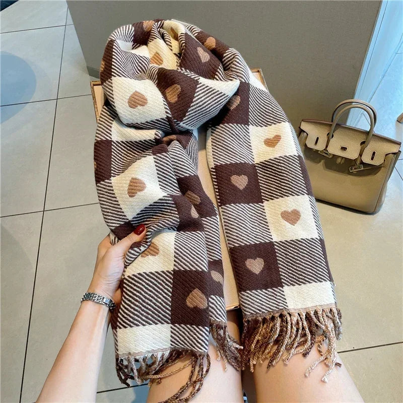 Luxury Brand Women Knitted Heart-pattern Plaid Scarf Lovey Girl Winter Warm Scarves College Leisure Shawl Wraps