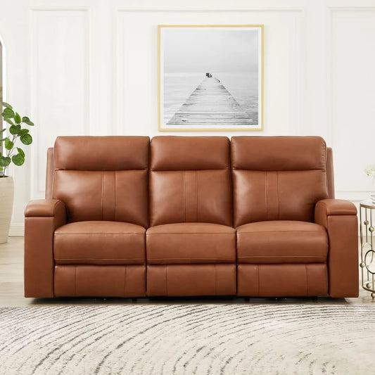 Zero Gravity Power Recline and Headrest Top Grain Leather Sofa Couch with Hidden Cup Holder, 86", Nutmeg Brown, Memory Foam