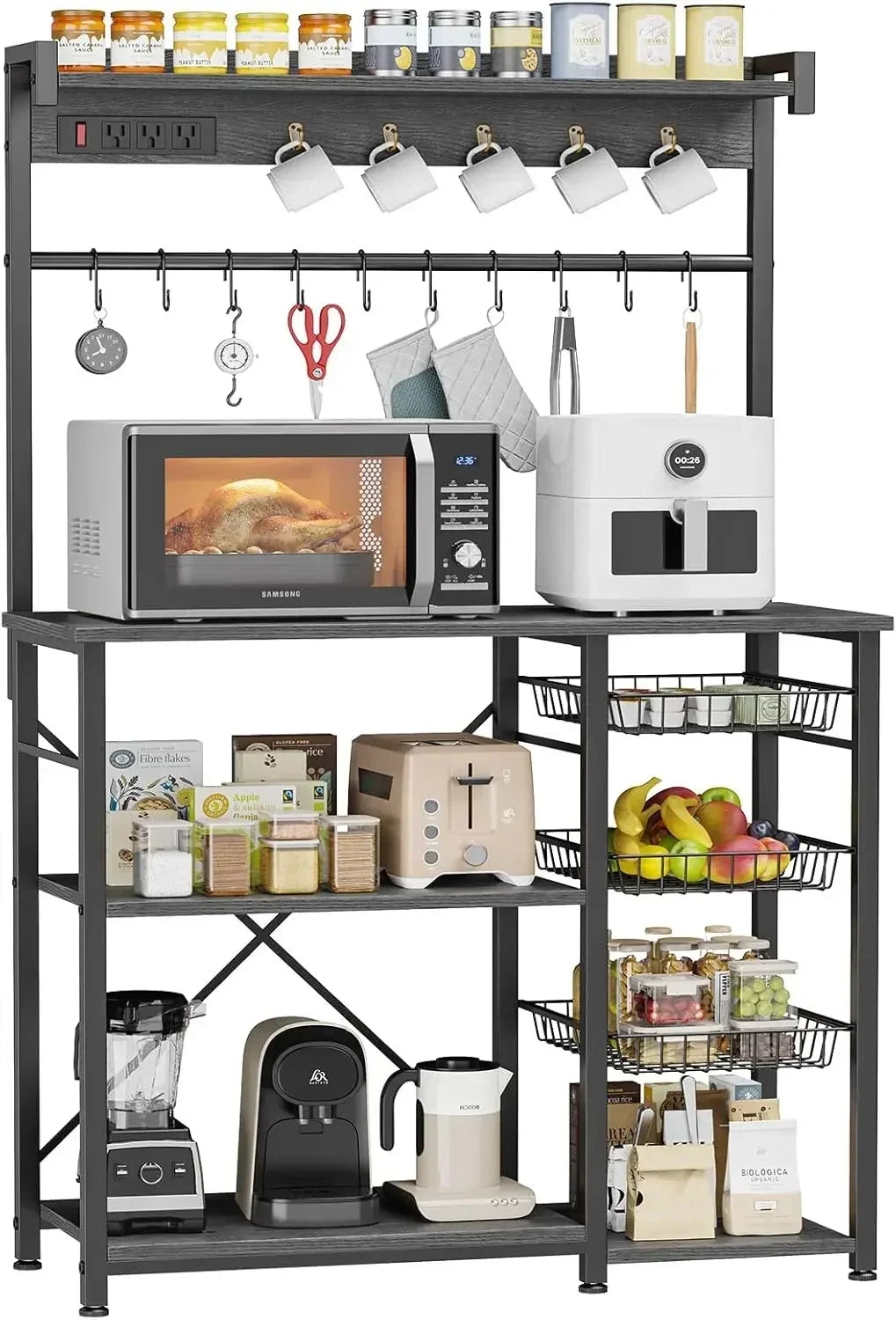 Large Bakers Rack with Power Outlets 38.8 Inches, 15 Hooks Coffee Bar with 3 Wire Basket Microwave Stand Kitchen Storage Shelf