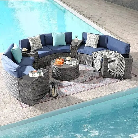 Outdoor Patio Furniture,11Piece Half-Moon Sectional Round Patio Furniture Set,Tempered Glass Round Coffee Table,Outdoor Sofa Set