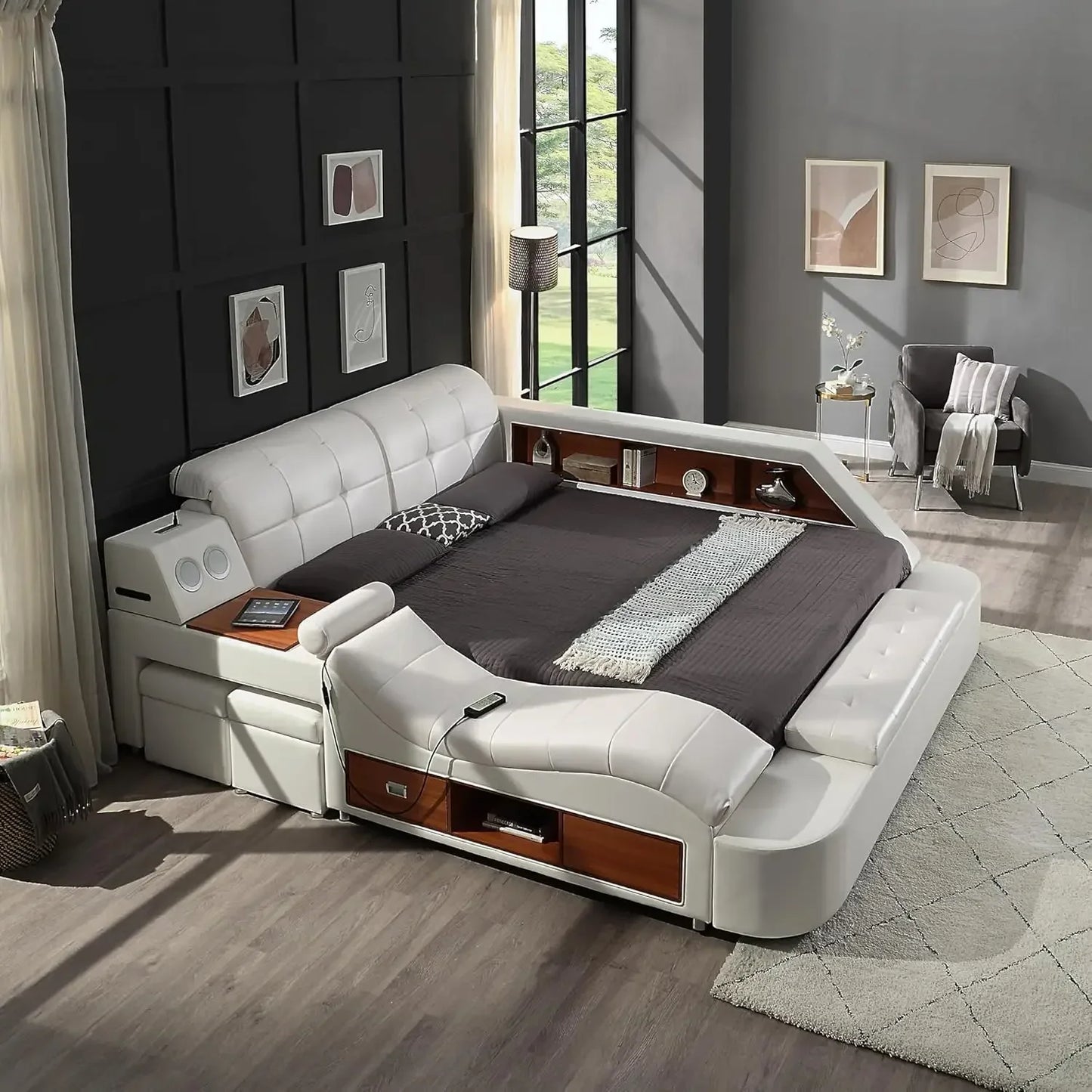 Multifunctional Queen Bed Frame,Smart Bed with Massage Recliner on Right Speaker/Storage Drawers,Adjustable Leather Up Headboard