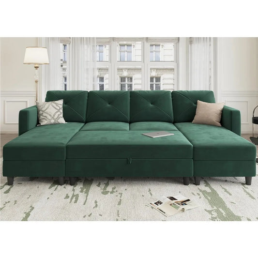 Sleeper Sectional Sofa Set ,with Storage Ottoman 4-Seat Sectional Sofa Set for Living Room, Velvet U Shaped Couch