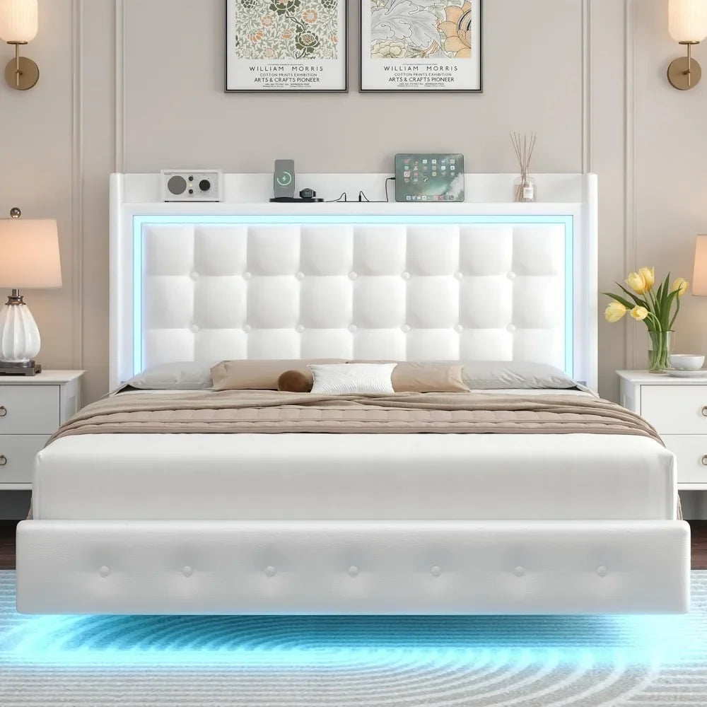 Leather Upholstered Full Floating Bed Frame with LED Lights and Charging Station with Button Tufted Storage Headboard,Bed Bases