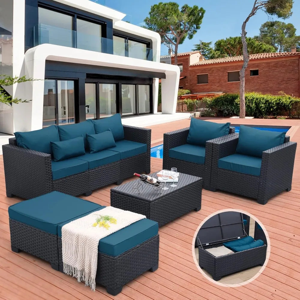 Patio Furniture Set, Chairs Coffee Table Peacock Blue Anti-Slip Cushions and Waterproof Covers,6 Pieces Outdoor Couch