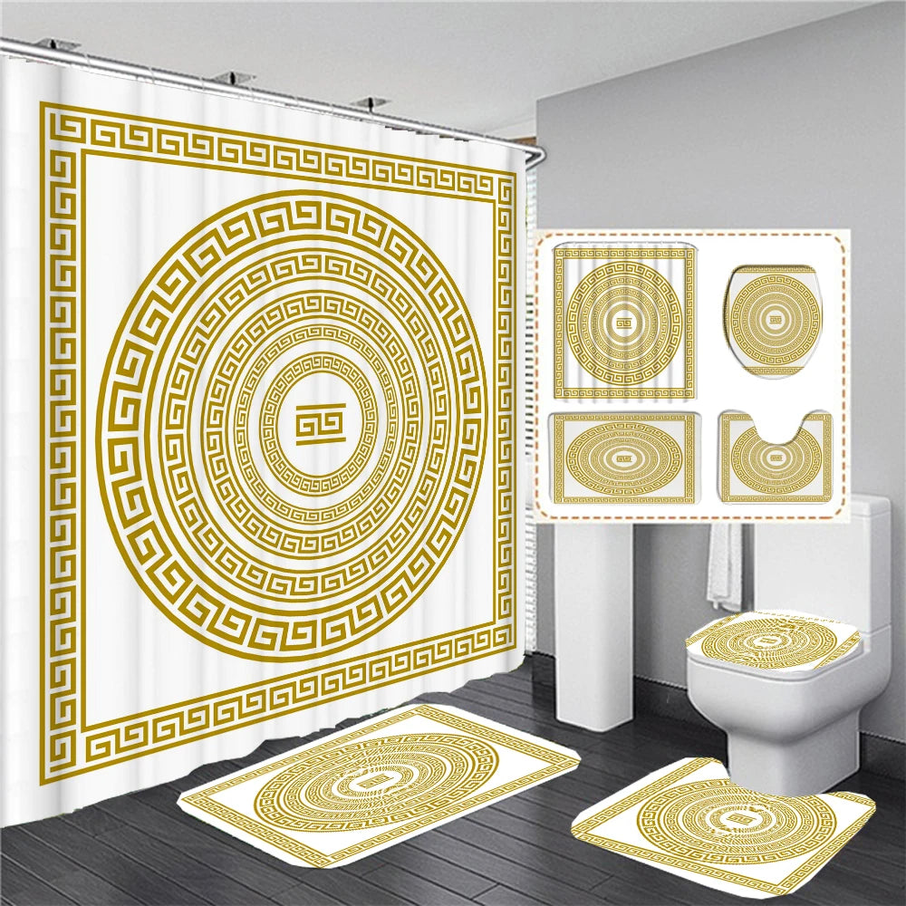 Ethnic Greek style Shower Curtains Waterpoof Bathroom Curtain  Traditional Meander Border Bath Curtain Set Bath Mats Rug Decor