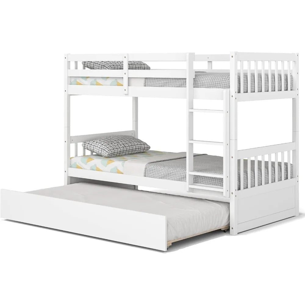 Twin Over Twin Bunk Bed with Trundle, Convertible Platform Bed Frame with Ladder & Solid Wood Frame, Space-Saving Bunk Bed