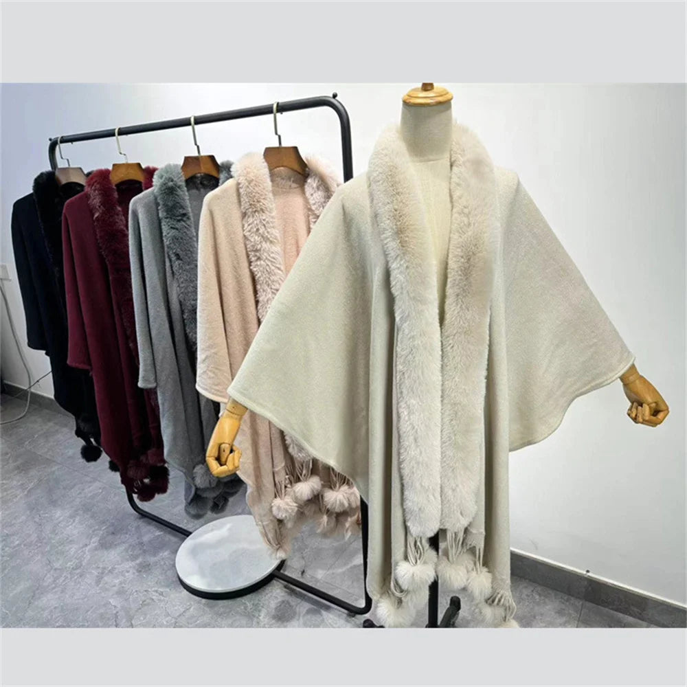 Winter Faux Rabbit Fur Ball Cloak Warm Thick Poncho Shawl Coat Women Big Pendulum Outer Wear Cardigan Long Pompon Cape