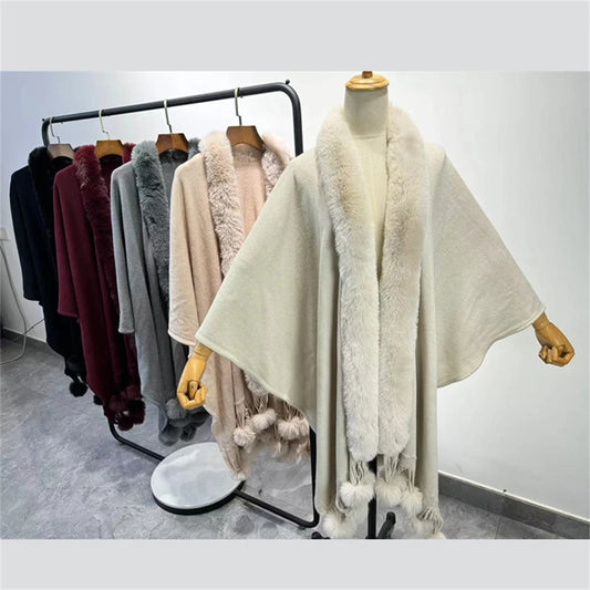 Winter Faux Rabbit Fur Ball Cloak Warm Thick Poncho Shawl Coat Women Big Pendulum Outer Wear Cardigan Long Pompon Cape