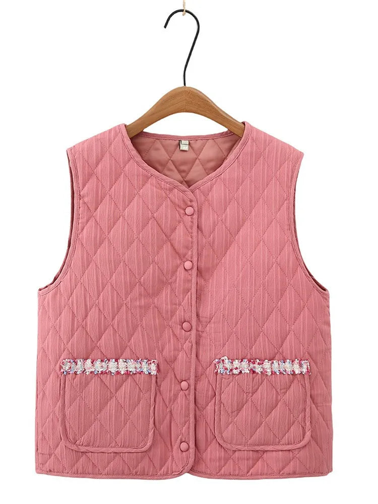 Plus Size Women's Clothing Spring And Autumn Vest Collarless And Sleeveless Solid Color Diamond Check Quilted Lightweight Jacket